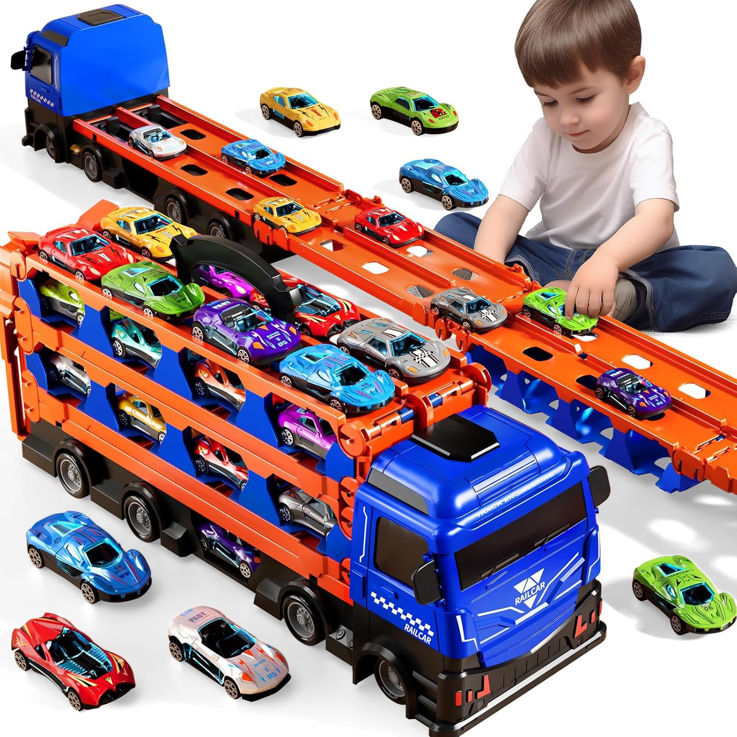 Mega Transporter Truck 3-in-1: Carrier, Storage & Ejection Race Track Playset - Image 5
