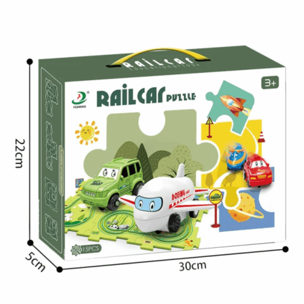 Rail Car Puzzle Play Mat Set: Self-Assembling Interlocking Track with 1 Motorized Vehicle