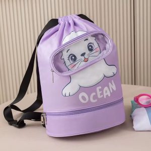 Kids Swimming Drawstring Backpack – Purple Ocean Seal Design