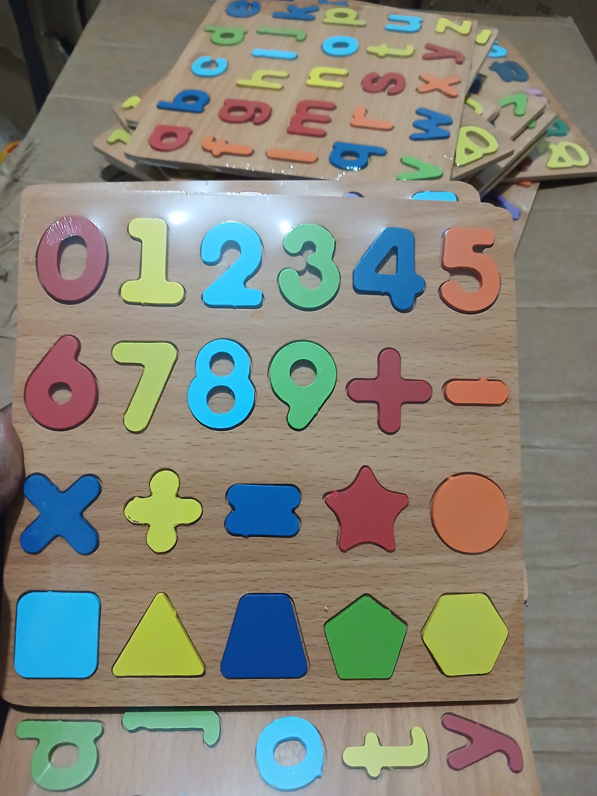 Kids Wooden Number Puzzle Board – Numbers 0-9, Math Symbols and Shapes