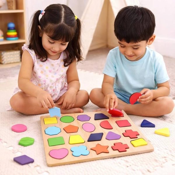 Wooden Geometric Shape Sorter Puzzle Board – 16 Pieces