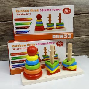 Rainbow Three Column Tower. Montessori Stacking Toy