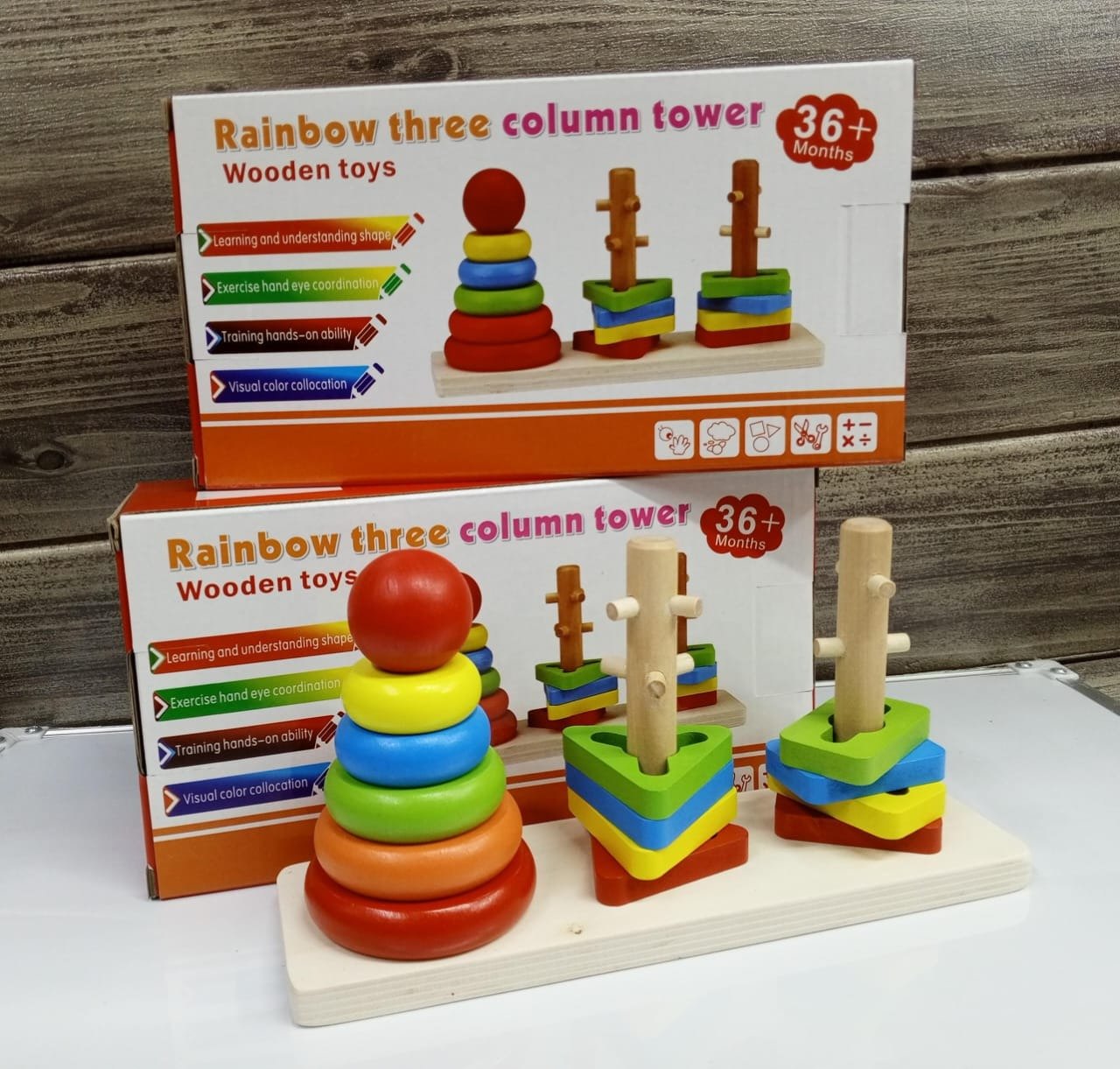 Rainbow Three Column Tower. Montessori Stacking Toy