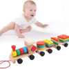 wooden geometric building block train. Montessori toy