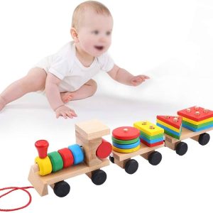 wooden geometric building block train. Montessori toy